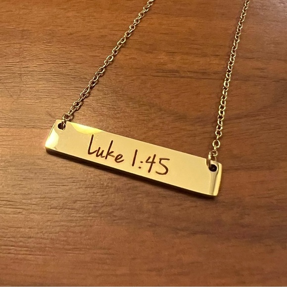 Bible Verse Gold Bar Necklace, Luke 1:45 - Picture 3 of 3